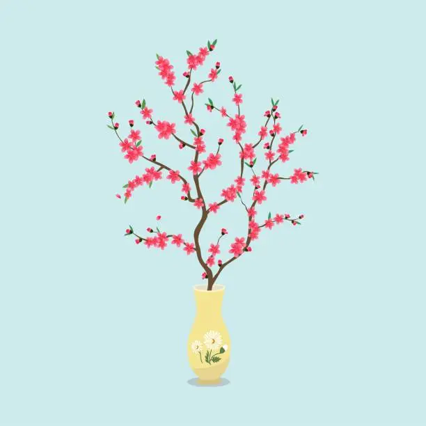 Vector illustration of Peach blossom branch in a vase vector illustration