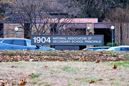 Reston, Virginia, USA - December 7, 2023: Sign in front of the “National Association of Secondary School Principals” building in Northern Virginia.