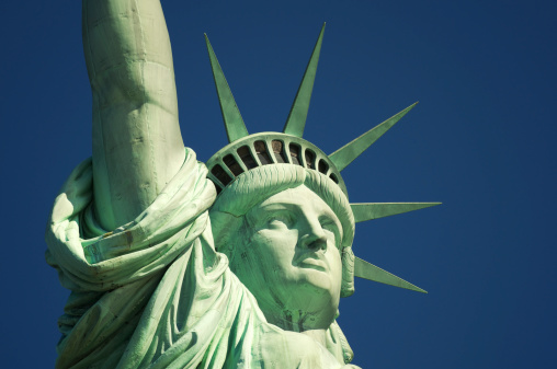 Close up shot of the iconic Statue of Liberty in New York city, USA.