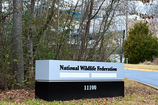 Reston, Virginia, USA - December 7, 2023: Sign at the entrance to the National WIldlife Federation building in Northern Virginia.