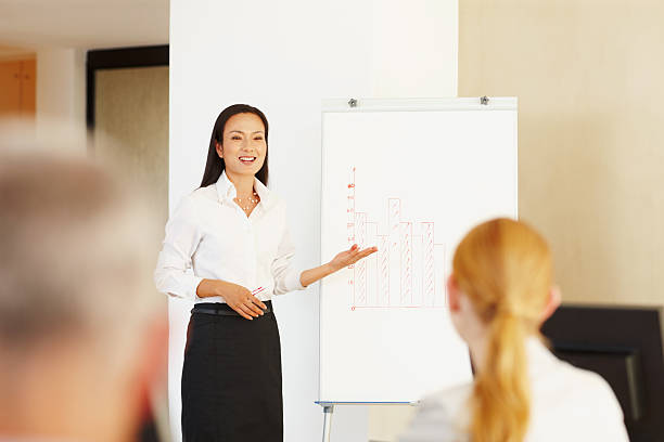 istock Asian business woman presenting at office 184405159