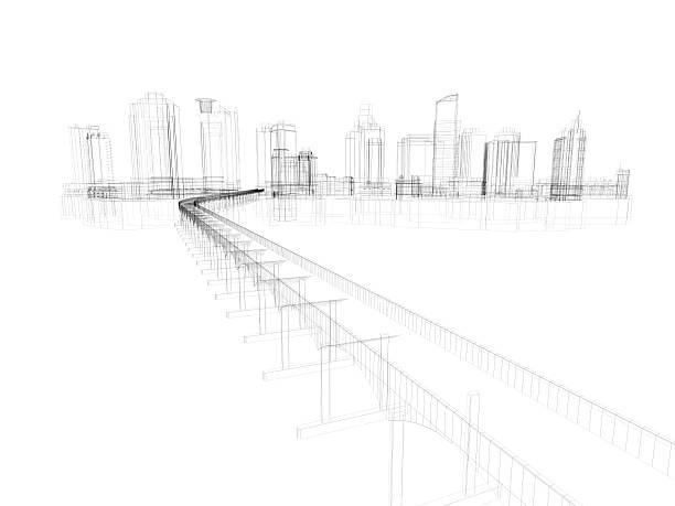 高層ビルの建築設計図 wireframe 5 - construction three dimensional shape planning architect ストックフォトと画像