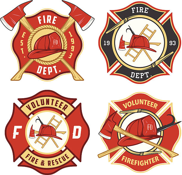 stockillustraties, clipart, cartoons en iconen met set of fire department emblems and badges - brandweer