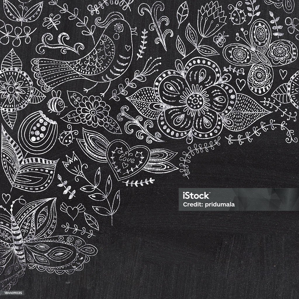 Chalk floral corner on chalkboard blackboard. Ornamental round l Chalk floral corner on chalkboard blackboard. Ornamental round lace pattern, circle background with many details, looks like crocheting handmade lace on grunge background, lacy arabesque designs. Advertisement stock illustration