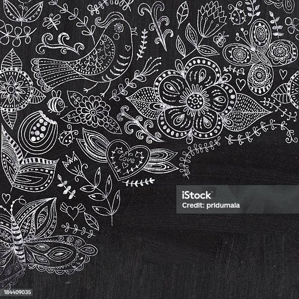 Chalk Floral Corner On Chalkboard Blackboard Ornamental Round L Stock Illustration - Download Image Now