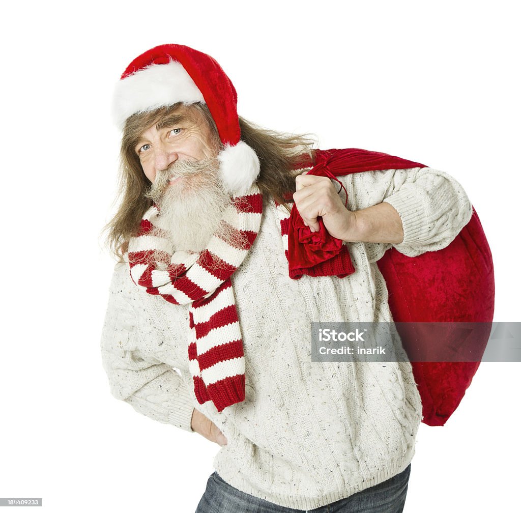 Old man, Christmas Santa Claus in red hat and bag Old man senior, Christmas Santa Claus with beard in red hat and bag, over white background 60-69 Years Stock Photo