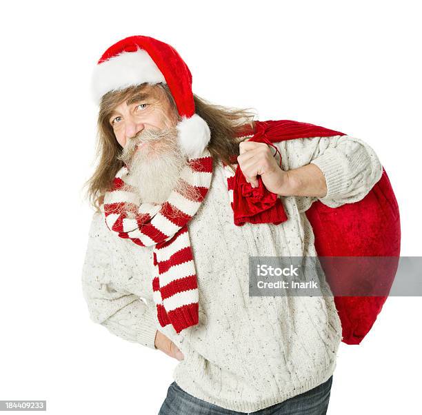 Old Man Christmas Santa Claus In Red Hat And Bag Stock Photo - Download Image Now - 60-69 Years, 70-79 Years, Active Seniors