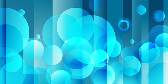 Abstract blue background. Transparent overlay of circular bubbles. Vector illustration