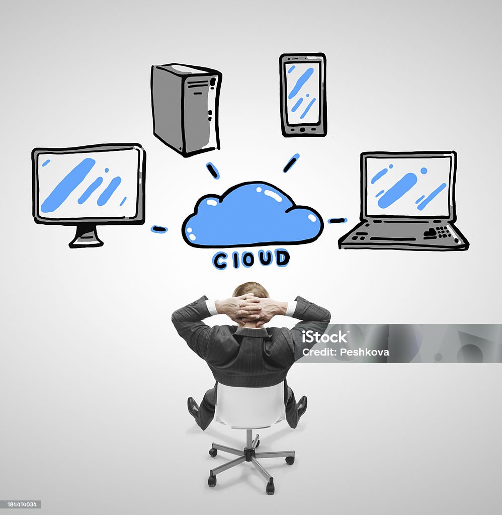 computer network  concept relaxing businnessman sitting on chair  and looking on computer network  concept Adult Stock Photo