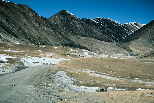 Winding road through winter mountain pass