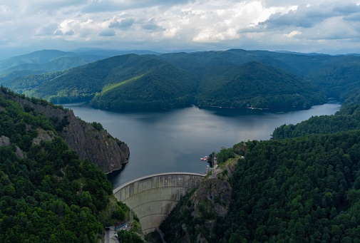 An aerial shot of Vidraru dam in Romania.