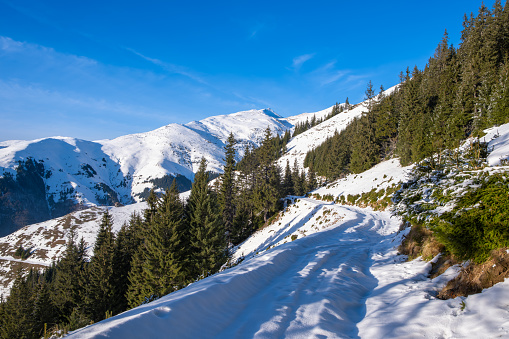 Snow in rocky Alps mountains, Fluelapass, Davos,  Graubuenden Switzerland