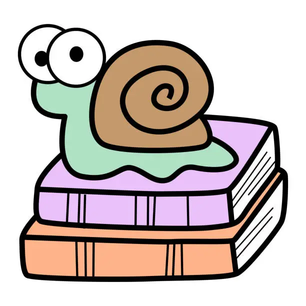 Vector illustration of Funny snail crawling on stack of books cartoon illustration