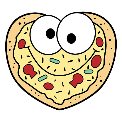 Heart shaped funny pizza cartoon. Can be used for kids or baby prints, stickers, cards, nursery, apparel, teaching media, scrap book elements, party supply, baby shower and more