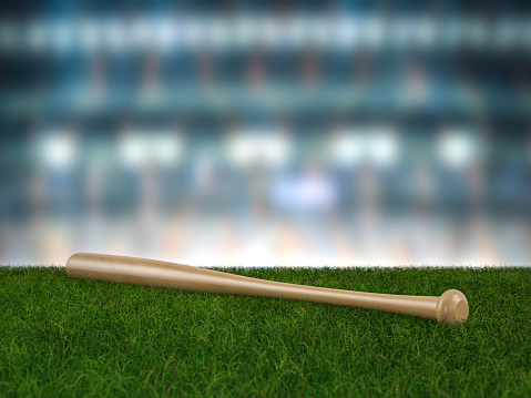 Baseball bat on a grass background. 3d illustration.