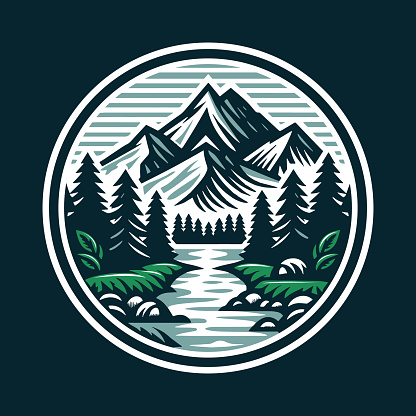 mountain forest and river logo design badge