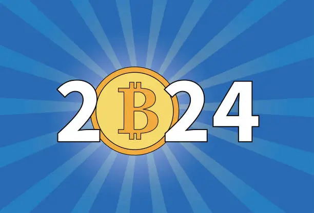 Vector illustration of 2024 with bitcoin icon.