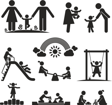 Children play on playground. Pictogram icon set