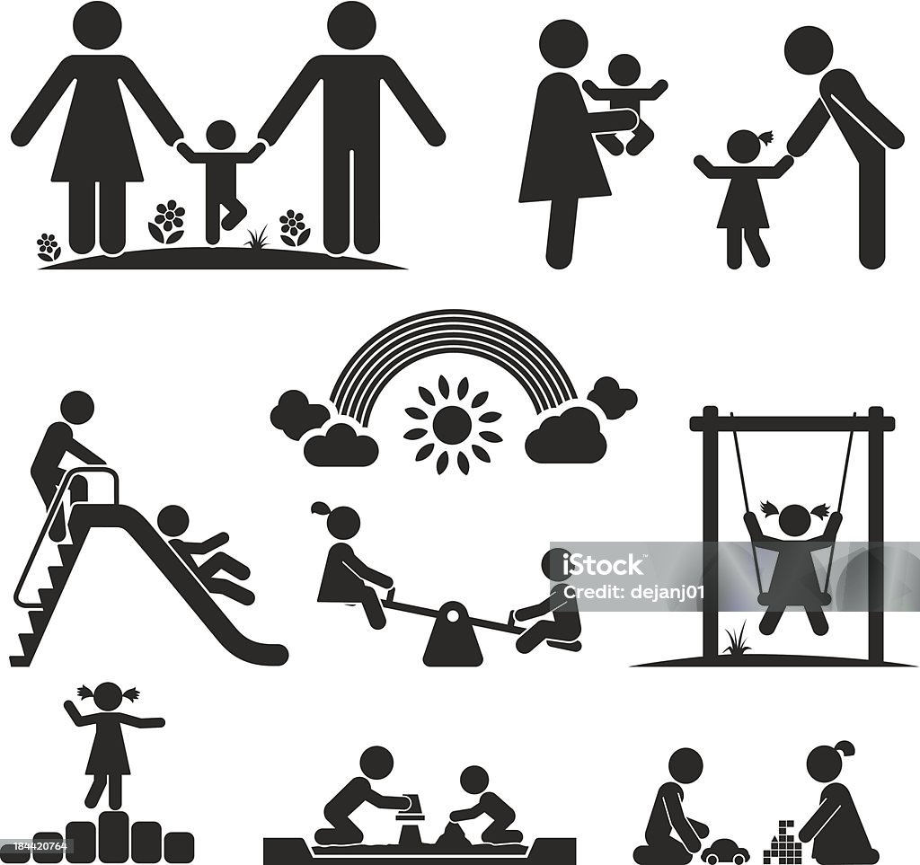 CHILDHOOD Children play on playground. Pictogram icon set Icon stock vector