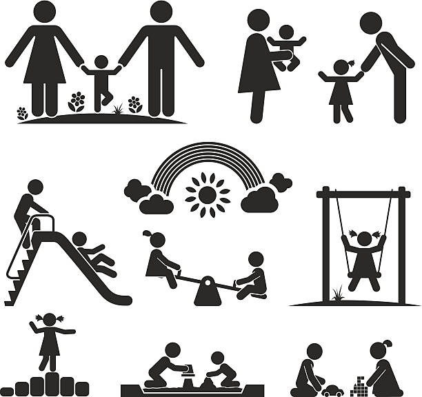 CHILDHOOD Children play on playground. Pictogram icon set playground stock illustrations