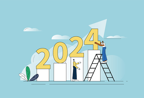 Data column, rising arrow symbol, ladder, white collar, 2024. Economic upswing in 2024.