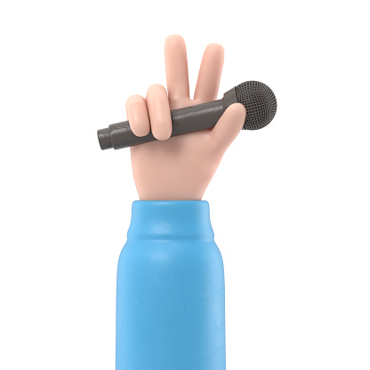Cartoon Gesture Icon Mockup.Cartoon hand holding microphone and showing victory gesture. 3D rendering on white background.