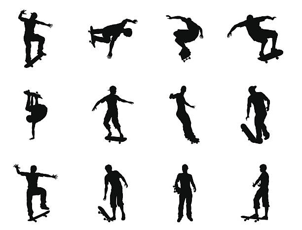 Skating skateboarder silhouettes Very high quality and highly detailed skating skateboarder silhouette outlines. Skateboarders performing lots of tricks on their boards. Vector file is eps 10 Ollie stock illustrations