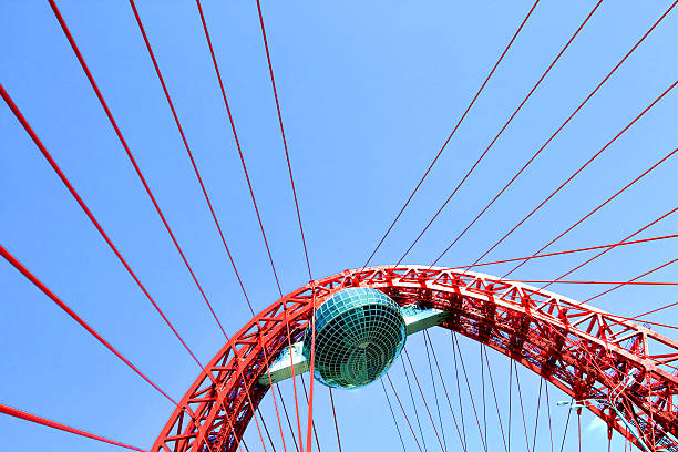 istock Vivid red suspension bridge 184427531