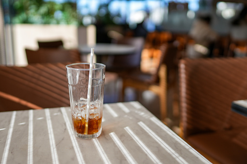 A glass of iced coffee that has been drunk