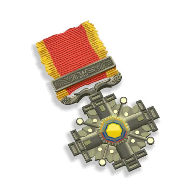 Vector illustration of Metal medal with a strip of red and yellow fabric on a white background. Vector illustration