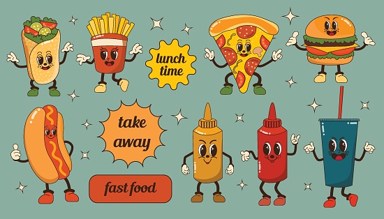Set of groovy fast food character. Retro vintage vector illustrations. Burrito, shaurma, pizza, burger, hot dog, lemonade. Illustration for restaurant, cafe and delivery.
