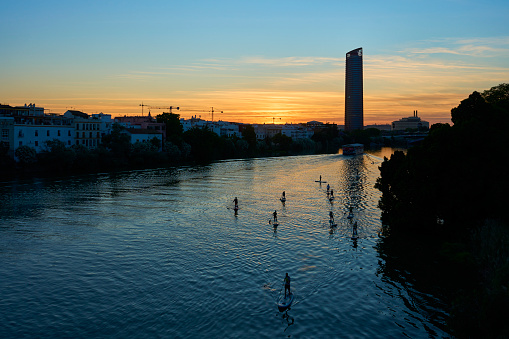A group of silhouetted paddle boarders in Seville Spain.