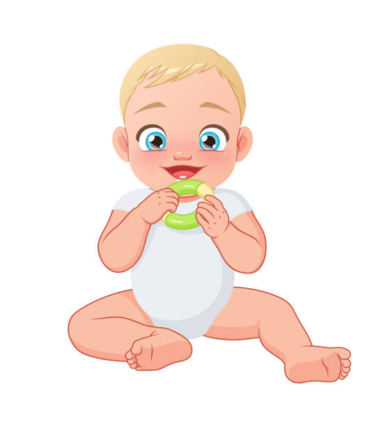 niedlicher, glücklicher kleiner babybeißring. vektorillustration isoliert auf weißem hintergrund. - beißring stock-grafiken, -clipart, -cartoons und -symbole