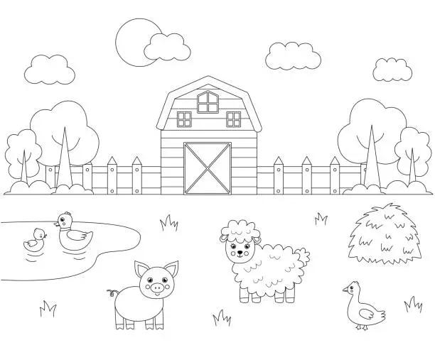 Vector illustration of Color farm landscape with cute animals. Educational coloring page for kids.