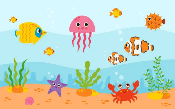 Vector illustration of Seascape with cute sea animals. Vector illustration.