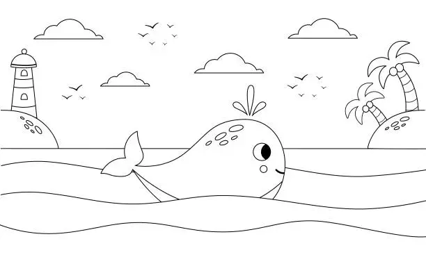 Vector illustration of Color farm landscape with cute whale at sea. Educational coloring page for kids.