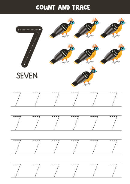 Numbers tracing practice. Writing number seven. Cute cartoon hoatzin. Trace numbers. Number 7 seven. Cute cartoon hoatzins. hoatzin stock illustrations