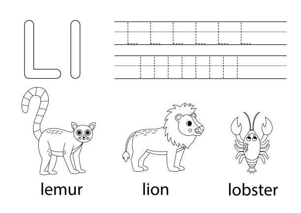 대문자와 소문자 추적 l. 어린이를 위한 동물 알파벳. - letter l audio stock illustrations
