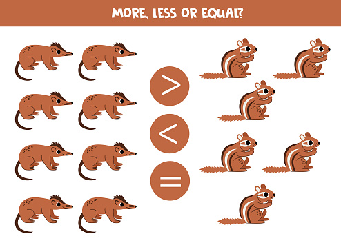 More, less or equal with cute cartoon chipmunks and solenodons. Comparison game for children.