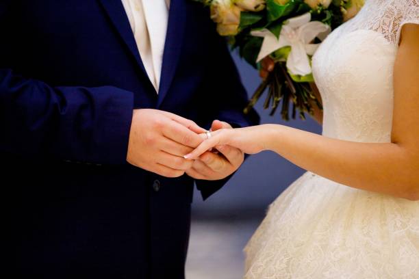 istock The bride and groom put the ring on the wedding ceremony 1844333302