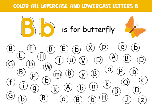 Find and dot all letters B. Educational worksheet for learning alphabet. ABC letters. B is for butterfly.