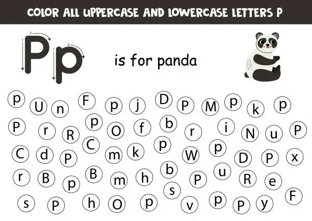 Vector illustration of Find and dot all letters P. Educational worksheet for learning alphabet. Cute big panda.