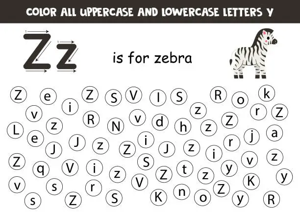 Vector illustration of Find and dot all letters Z. Educational worksheet for learning alphabet. Cute zebra.