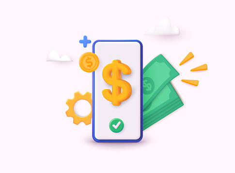 Mobile banking service, financial payment Smartphone mobile screen, technology mobile display light. Money payment transfer money system. 3D Web Vector Illustrations.