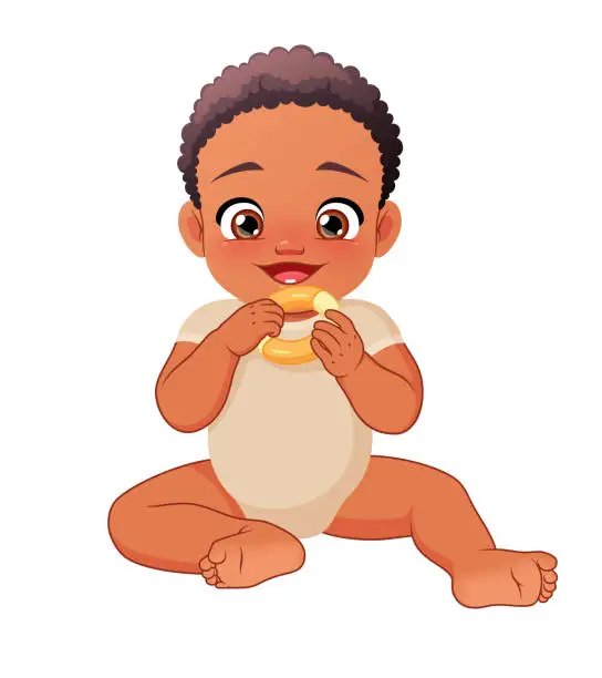 Vector illustration of Cute happy little Black baby biting a teether. Vector illustration isolated on white background.