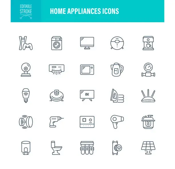 Vector illustration of Home Appliances Icons Editable Stroke