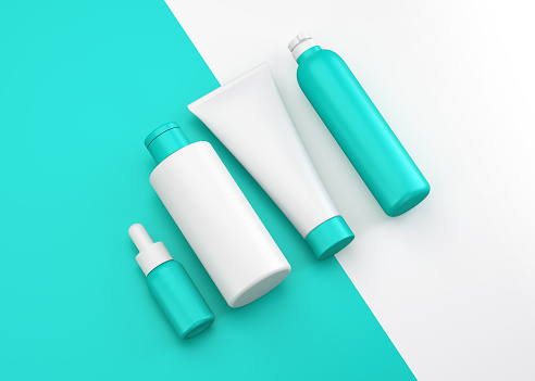 Beauty care cosmetology products mockup on white and ocean background