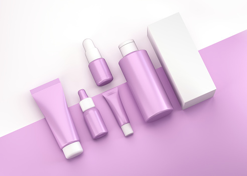 Different cosmetic bottles and packaging on pink background, top view mockup