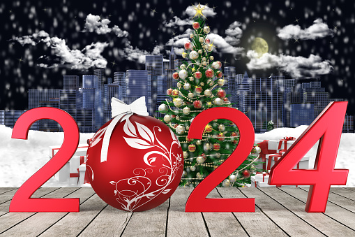 3D illustration. New Year 2024. New Year 2024 in numbers and Christmas ball. Background with Christmas decoration and setting.