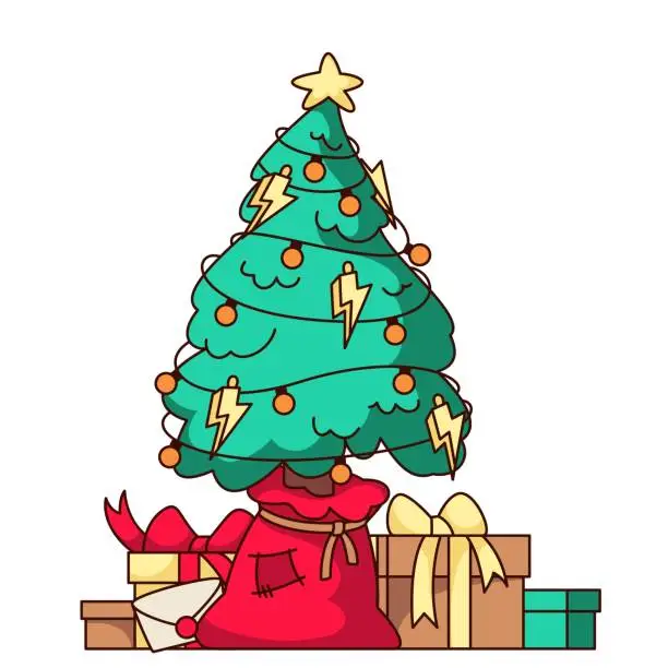 Vector illustration of Groovy Christmas Tree With Gifts From Santa Claus